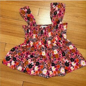 Pink and Orange Floral Blouse with Ruffled Neckline